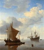 Willem van de Velde - Bilder Gemälde - A calm - a smalschip and a kaag at anchor with an English man-o'-war beyond