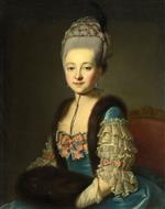 Bild:Portrait of a lady, in a blue silk dress with fur trim and muff