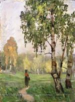 Bild:Birch Trees with Woman Walking