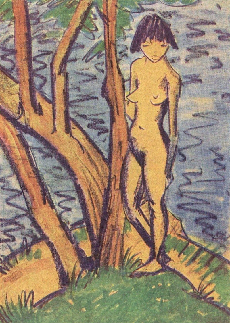 Jeune fille nue debout devant des arbres - rélpique, huile sur toile  réalisée à la main